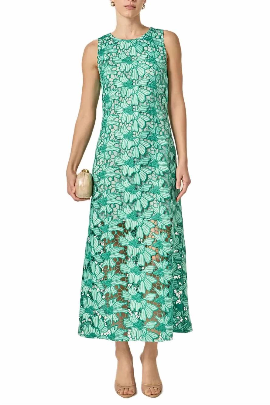 NEW ENGLISH FACTORY petal embroidered midi dress in emerald